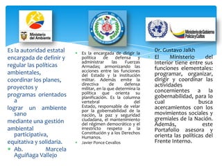 Es la autoridad estatal                                         • Dr. Gustavo Jalkh
                           Es la encargada de dirigir la
encargada de definir y        política     de    defensa    y   • El    Ministerio      del
                              administrar      las   Fuerzas      Interior tiene entre sus
regular las políticas         Armadas; armonizando las            funciones elementales:
ambientales,                  acciones entre las funciones
                              del Estado y la institución         programar, organizar,
coordinar los planes,         militar. Además emite la            dirigir y coordinar las
                              directiva       de     defensa      actividades
proyectos y                   militar, en la que determina la
                              política que orienta su             concernientes a la
programas orientados          planificación. Es la columna        gobernabilidad, para lo
   a                          vertebral                  del      cual               busca
lograr un ambiente            Estado, responsable de velar        acercamientos con los
                              por la gobernabilidad de la
   sano                       nación, la paz y seguridad          movimientos sociales y
mediante una gestión          ciudadana, el mantenimiento         gremiales de la Nación.
                              del régimen democrático y el        Además,              este
ambiental                     irrestricto respeto a la            Portafolio asesora y
   participativa,             Constitución y a los Derechos
                              Humanos.                            orienta las políticas del
equitativa y solidaria.      Javier Ponce Cevallos               Frente Interno.
 Ab.           Marcela
   Aguiñaga Vallejo
 