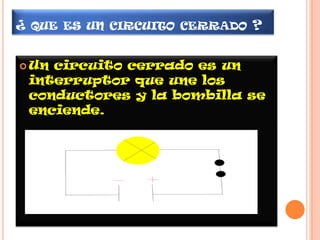 ¿ QUE ES UN CIRCUITO CERRADO ?

 Uncircuito cerrado es un
 interruptor que une los
 conductores y la bombilla se
 enciende.
 