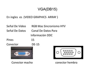 VGA(DB15)

En ingles es (VIDEO GRAPHICS ARRAY )

Señal De Video    RGB Mas Sincronismo HYV
Señal De Datos    Canal De Datos Para
                 Información DDC
Pines             15
Conector          DE-15




   Conector macho                 conector hembra
 
