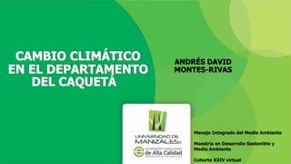 ANDRÉS DAVID
MONTES-RIVAS
Manejo Integrado del Medio Ambiente
Maestría en Desarrollo Sostenible y
Medio Ambiente
Cohorte XXIV virtual
 