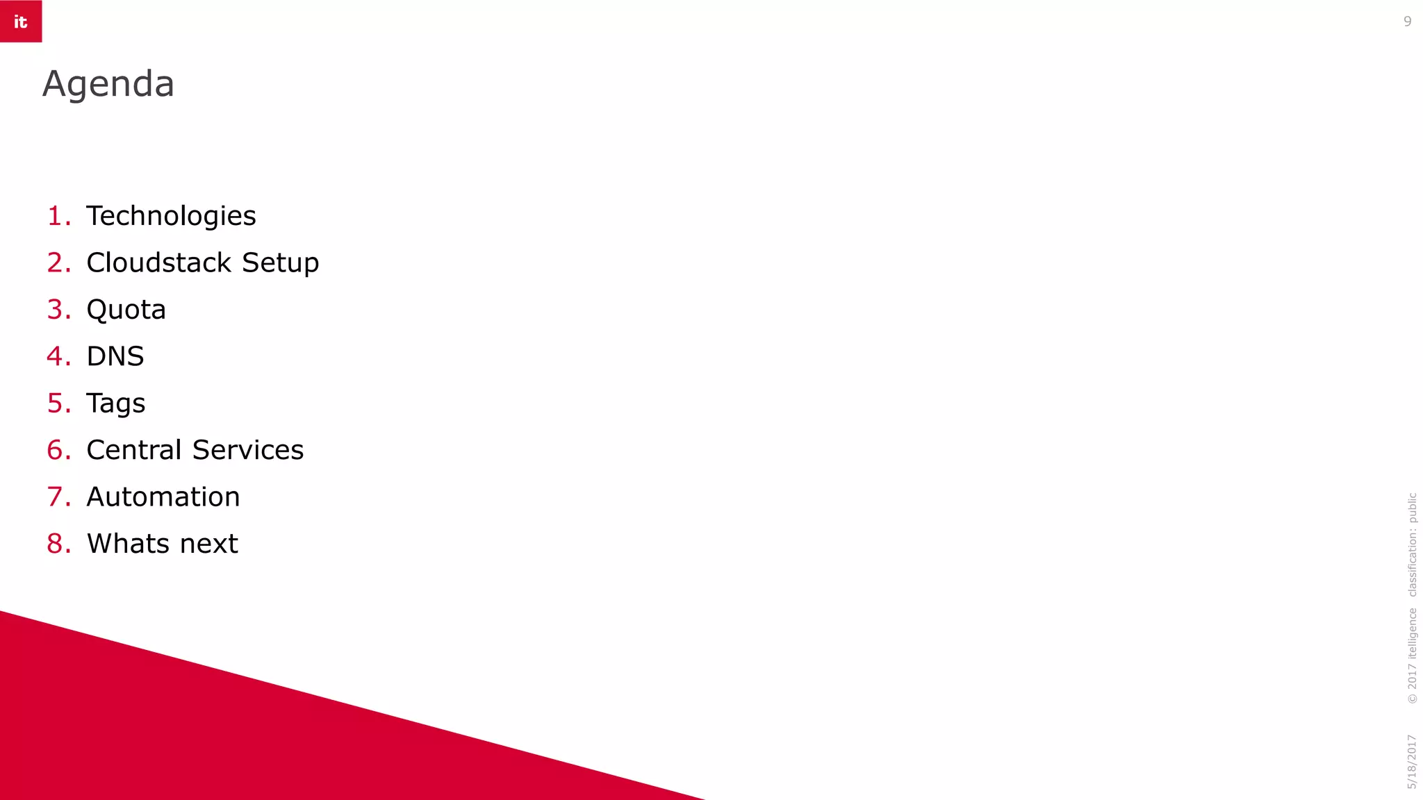 Agenda
1. Technologies
2. Cloudstack Setup
3. Quota
4. DNS
5. Tags
6. Central Services
7. Automation
8. Whats next
5/18/2017©2017itelligenceclassification:public
9
 