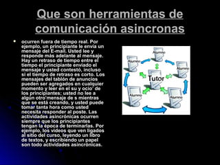 Que son herramientas deQue son herramientas de
comunicación asincronascomunicación asincronas
 ocurren fuera de tiempo real. Porocurren fuera de tiempo real. Por
ejemplo, un principiante le envía unejemplo, un principiante le envía un
mensaje del E-mail. Usted lee ymensaje del E-mail. Usted lee y
responde más adelante al mensaje.responde más adelante al mensaje.
Hay un retraso de tiempo entre elHay un retraso de tiempo entre el
tiempo el principiante enviado eltiempo el principiante enviado el
mensaje y usted contestó, inclusomensaje y usted contestó, incluso
si el tiempo de retraso es corto. Lossi el tiempo de retraso es corto. Los
mensajes del tablón de anunciosmensajes del tablón de anuncios
pueden ser agregados en cualquierpueden ser agregados en cualquier
momento y leer en el su y ocio’ demomento y leer en el su y ocio’ de
los principiantes; usted no lee alos principiantes; usted no lee a
algún otro’mensaje de s mientrasalgún otro’mensaje de s mientras
que se está creando, y usted puedeque se está creando, y usted puede
tomar tanta hora como ustedtomar tanta hora como usted
necesita responder al poste. Lasnecesita responder al poste. Las
actividades asincrónicas ocurrenactividades asincrónicas ocurren
siempre que los principiantessiempre que los principiantes
tengan la época de terminarlas. Portengan la época de terminarlas. Por
ejemplo, los videos que ven ligadosejemplo, los videos que ven ligados
al sitio del curso, leyendo un libroal sitio del curso, leyendo un libro
de textos, y escribiendo un papelde textos, y escribiendo un papel
son todo actividades asincrónicas.son todo actividades asincrónicas.
 