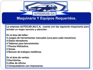 La empresa AUTOCAR.AG.C.A, cuenta con las siguiente maquinaria para
brindar un mejor servicio y atención:
En el área del taller:
4 Juegos de herramientas manuales (una para cada mecánico)
4 Gatos elevadores
4 Tableros para herramientas
1 Prensa Hidráulica.
2 Grúas.
4 Bancos de trabajos metálicos.
En el área de ventas:
2 Escritorios.
6 sillas de oficina
2 Computadores con impresoras.
 