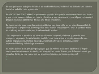 En este proceso se trabaja el desarrollo de una huerta escolar, en la cual se ha hecho una siembra
inicial de cebolla, coles y pimentón.

En el CENTRO EDUCATIVO se preparó una pequeña área para la implementación de esta huerta
y a su vez se ha convertido en un espacio educativo y una experiencia vivencial para enriquecer el
proceso enseñanza aprendizaje de cada uno de los estudiantes.

La huerta escolar sirve como herramienta didáctica para desarrollar en los niños la capacidad de
observación, la exploración e investigación hacia nuevos conocimientos, hacia el cuidado de los
seres vivos y su importancia para la existencia del hombre.

 Esta experiencia le permite a los niños relacionarse, compartir, disfrutar, y aprender para
enriquecer su proceso de socialización, también es un espacio que le permite desarrollar una
cultura emprendedora, trabajar en equipo, planificar actividades conjuntas, asumir
responsabilidades y definir logros comunes.

La huerta escolar es un proyecto pedagógico que les permite a los niños desarrollar y lograr
mayor dominio sicomotor, socio afectivo y cognitivo a través de cada una de las actividades que
se realiza dentro de este ya que son de gran importancia en su formación integral.


 