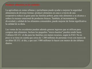 Producir alimentos en las ciudades

La agricultura en zonas urbanas y periurbanas puede ayudar a mejorar la seguridad
alimentaria de diversas formas: producir alimentos en casa o a través de una
cooperativa reduce el gasto para las familias pobres, pone más alimentos a su alcance y
reduce la escasez estacional de productos frescos. También, al incrementar la
diversidad y calidad de los alimentos consumidos, puede mejorar de forma significativa
la calidad de su dieta.

Las ventas de los excedentes pueden además generar ingresos que se utilicen para
comprar más alimentos. Incluso los pequeños "micro-huertos" pueden rendir hasta
3 dólares EE.UU. al día para las familias con menos recursos, según la FAO. No es
poco si se tiene en cuenta que cerca de 1 200 millones de personas viven con menos de
un dólar EE.UU. al día, y que casi 3 000 millones lo hacen con menos de dos dólares
diarios.
 