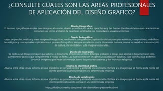 ¿CONSULTE CUALES SON LAS AREAS PROFESIONALES
DE APLICACIÓN DEL DISEÑO GRAFICO?
Diseño tipográfico:
El termino tipográfia se emplea para designar al estudio, diseño y clasificación de los tipos (letras) y las fuentes (familias de letras con características
comunes), así como al diseño de caracteres unificados por propiedades visuales uniformes.
Diseño Fotográfico:
capaz de percibir, analizar y crear imágenes fotográficas, mediante la comprensión y aplicación de los principios estéticos, compositivos, simbólicos,
tecnológicos y conceptuales implicados en el proceso fotográfico, siempre en relación con la dimensión humana, asume su papel en la construcción
de cultura, de identidades y de imaginarios sociales.
Diseño de ilustración
Se dedica a al dibujo o imagen que adorna o documenta el texto de un libro, Estampa, grabado o dibujo que adorna ó documenta un libro.
Componente gráfico que complementa o realza un texto. Las ilustraciones son imágenes asociadas con palabras. Esto significa que podemos
producir imágenes que llevan un mensaje, como las pinturas rupestres, y los mosaicos religiosos
Diseño de identidad grafica
Abarca, entre otras cosas, la forma en que el público en general percibe y entiende una compañía. Refiere a la imagen que se forma en la mente del
cliente potencial cuando piensa en una determinada empresa.
Diseño de señalización
Abarca, entre otras cosas, la forma en que el público en general percibe y entiende una compañía. Refiere a la imagen que se forma en la mente del
cliente potencial cuando piensa en una determinada empresa
http://albabucio.weebly.com/areas-del-disentildeo-graacutefico.html
 