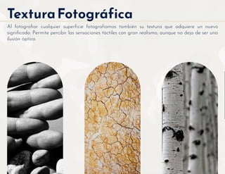 TexturaFotográfica
Al fotograﬁar cualquier superﬁcie fotograﬁamos también su textura que adquiere un nuevo
signiﬁcado. Permite percibir las sensaciones táctiles con gran realismo, aunque no deja de ser una
ilusión óptica.
 