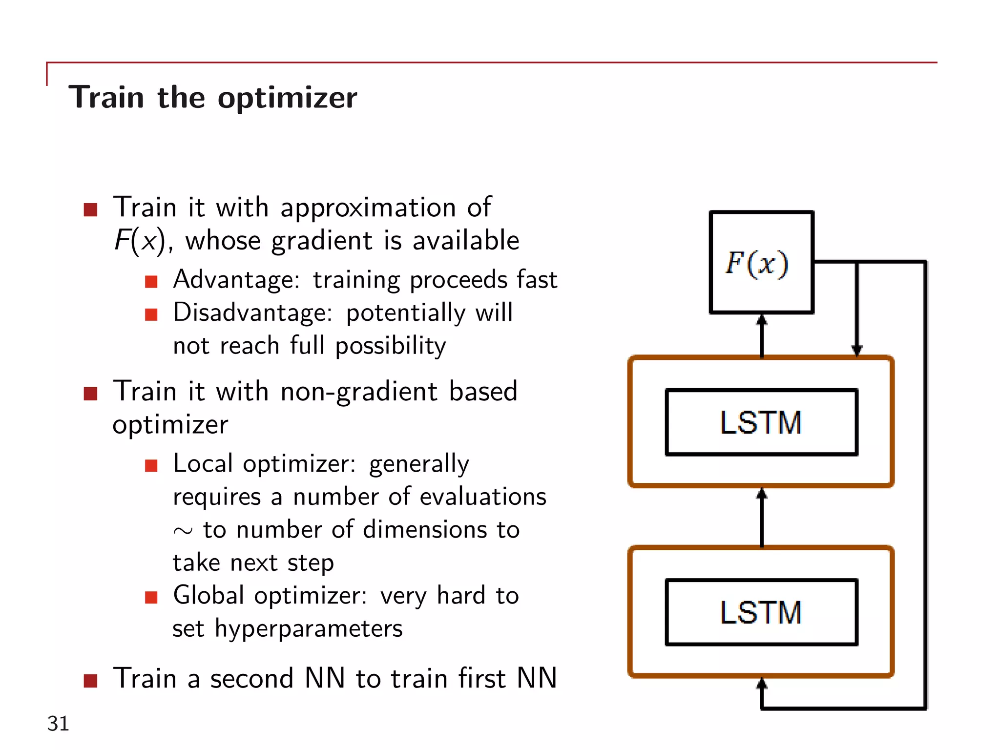 Train the optimizer
Train it with approximation of
F(x), whose gradient is available
Advantage: training proceeds fast
Disadvantage: potentially will
not reach full possibility
Train it with non-gradient based
optimizer
Local optimizer: generally
requires a number of evaluations
∼ to number of dimensions to
take next step
Global optimizer: very hard to
set hyperparameters
Train a second NN to train first NN
31
 