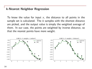 k-Nearest Neighbor Regression
To know the value for input x, the distance to all points in the
sample set is calculated. The k samples with the shortest distance
are picked, and the output value is simply the weighted average of
them. In our case, the points are weighted by inverse distance, so
that the nearest points have more weight.
14
 