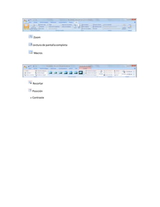 Zoom 
Lectura de pantalla completa 
Macros 
Recortar 
Posición 
Contraste 

