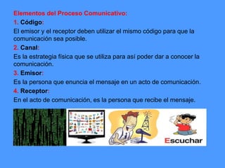 Elementos del Proceso Comunicativo:
1. Código:
El emisor y el receptor deben utilizar el mismo código para que la
comunicación sea posible.
2. Canal:
Es la estrategia física que se utiliza para así poder dar a conocer la
comunicación.
3. Emisor:
Es la persona que enuncia el mensaje en un acto de comunicación.
4. Receptor:
En el acto de comunicación, es la persona que recibe el mensaje.
 