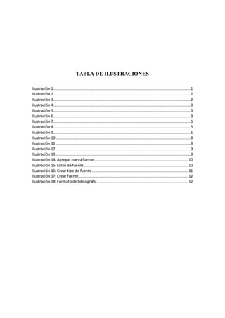 TABLA DE ILUSTRACIONES
Ilustración 1.........................................................................................................................1
Ilustración 2.........................................................................................................................2
Ilustración 3.........................................................................................................................2
Ilustración 4.........................................................................................................................3
Ilustración 5.........................................................................................................................3
Ilustración 6.........................................................................................................................3
Ilustración 7.........................................................................................................................5
Ilustración 8.........................................................................................................................5
Ilustración 9.........................................................................................................................6
Ilustración 10.......................................................................................................................8
Ilustración 11.......................................................................................................................8
Ilustración 12.......................................................................................................................9
Ilustración 13.......................................................................................................................9
Ilustración 14: Agregar nuevafuente...................................................................................10
Ilustración 15: Estilo de fuente............................................................................................10
Ilustración 16: Crear tipo de fuente.....................................................................................11
Ilustración 17: Crear fuente.................................................................................................12
Ilustración 18: Formato de bibliografía ................................................................................12
 
