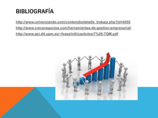 BIBLIOGRAFÍA
http://www.universiando.com/contenido/detalle_trabaja.php?id=6455
http://www.crecenegocios.com/herramientas-de-gestion-empresarial/
http://www.gsi.dit.upm.es/~fsaez/intl/capitulos/7%20-TQM.pdf
 