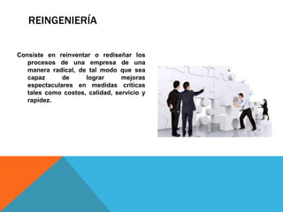 REINGENIERÍA
Consiste en reinventar o rediseñar los
procesos de una empresa de una
manera radical, de tal modo que sea
capaz de lograr mejoras
espectaculares en medidas críticas
tales como costos, calidad, servicio y
rapidez.
 