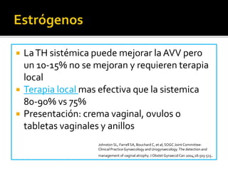  La TH sistémica puede mejorar la AVV pero 
un 10-15% no se mejoran y requieren terapia 
local 
 Terapia local mas efectiva que la sistemica 
80-90% vs 75% 
 Presentación: crema vaginal, ovulos o 
tabletas vaginales y anillos 
Johnston SL, Farrell SA, Bouchard C, et al; SOGC Joint Committee- 
Clinical Practice Gynaecology and Urogynaecology. The detection and 
management of vaginal atrophy. J Obstet Gynaecol Can 2004;26:503-515. 
 
