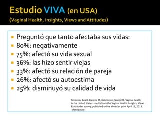  Preguntó que tanto afectaba sus vidas: 
 80%: negativamente 
 75%: afectó su vida sexual 
 36%: las hizo sentir viejas 
 33%: afectó su relación de pareja 
 26%: afectó su autoestima 
 25%: disminuyó su calidad de vida 
Simon JA, Kokot-Kierepa M, Goldstein J, Nappi RE. Vaginal health 
in the United States: results from the Vaginal Health: Insights, Views 
& Attitudes survey [published online ahead of print April 15, 2013. 
Menopause 
 