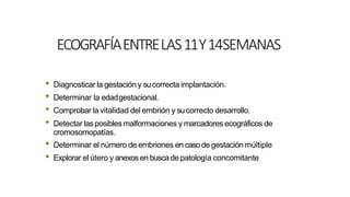 ECOGRAFÍAENTRELAS11Y14SEMANAS
• Diagnosticar la gestación y sucorrecta implantación.
• Determinar la edadgestacional.
• Comprobar la vitalidad del embrión y sucorrecto desarrollo.
• Detectar lasposibles malformaciones y marcadores ecográficos de
cromosomopatías.
• Determinar el número de embriones en casode gestación múltiple
• Explorar el útero y anexosen buscade patología concomitante
 