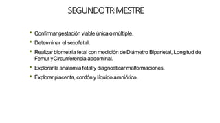 SEGUNDOTRIMESTRE
• Confirmar gestación viable única o múltiple.
• Determinar el sexofetal.
• Realizar biometría fetal con medición de Diámetro Biparietal, Longitud de
Femur yCircunferencia abdominal.
• Explorar la anatomía fetal y diagnosticar malformaciones.
• Explorar placenta, cordón y líquido amniótico.
 