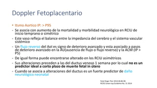 Doppler Fetoplacentario
• Itsmo Aortico IP: > P95
- Se asocia con aumento de la mortalidad y morbilidad neurológica en RCIU de
inicio temprano o simétrico
- Este vaso refleja el balance entre la impedancia del cerebro y el sistema vascular
sistémico
- Un flujo reverso del AoI es signo de deterioro avanzado y esta asociado a pasos
de deterioro avanzado en la AU(ausencia de flujo o flujo reverso) y la ACM (IP >
P5)
- De igual forma puede encontrarse alterado en los RCIU asimétricos
- Sus alteraciones preceden a las del ductus venoso 1 semana por lo cual no es un
predictor ideal a corto plazo de muerte fetal in útero
- Cuando se asocia a alteraciones del ductus es un fuerte predictor de daño
neurológico neonatal
Fetal Diagn Ther 2014;36:86-98.
RCOG Green-top Guideline No. 31 2014
 