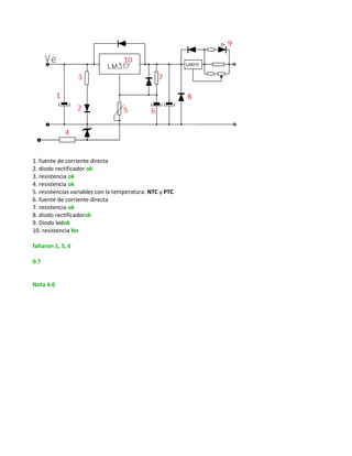 1. fuente de corriente directa
2. diodo rectificador ok
3. resistencia ok
4. resistencia ok
5. resistencias variables con la temperatura: NTC y PTC
6. fuente de corriente directa
7. resistencia ok
8. diodo rectificadorok
9. Diodo ledok
10. resistencia No

faltaron 1, 5, 6

0.7


Nota 4.0
 