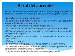 El rol del aprendiz
En los ambientes de aprendizaje es importante, porque cambia la
manera de recibir sus clases que era de forma magistral. Porque Ya:
-Se vuelve un aprendizaje autónomo
-Se siente más motivado, ya que él es quien resuelve los problemas,
planea y dirige su propio proyecto.
-Dirige por sí mismo las actividades de aprendizaje.
-Se convierte en un descubridor, integrador y presentador de ideas.
-Define sus propias tareas y trabaja en ellas, independientemente del
tiempo que se requiere.
-Usa la tecnología para manejar sus presentaciones o ampliar sus
capacidades.
-Trabaja en equipo.
-Se enfrenta a ambigüedades, complejidades y a lo impredecible.
-Se enfrenta a obstáculos, busque recursos y resuelva problemas para
enfrentarse a los retos que se le presenten.
-Adquiere nuevas habilidades y desarrolla las que ya tiene.
 