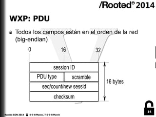14
Rooted CON 2014 6-7-8 Marzo // 6-7-8 March
WXP: PDU
Todos los campos están en el orden de la red
(big-endian)
 