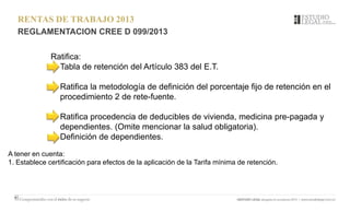 RENTAS DE TRABAJO 2013
REGLAMENTACION CREE D 099/2013
Ratifica:
- Tabla de retención del Artículo 383 del E.T.
- Ratifica la metodología de definición del porcentaje fijo de retención en el
procedimiento 2 de rete-fuente.
- Ratifica procedencia de deducibles de vivienda, medicina pre-pagada y
dependientes. (Omite mencionar la salud obligatoria).
- Definición de dependientes.
A tener en cuenta:
1. Establece certificación para efectos de la aplicación de la Tarifa mínima de retención.
 