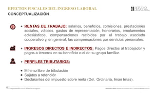 EFECTOS FISCALES DEL INGRESO LABORAL
CONCEPTUALIZACIÓN
RENTAS DE TRABAJO: salarios, beneficios, comisiones, prestaciones
sociales, viáticos, gastos de representación, honorarios, emolumentos
eclesiásticos, compensaciones recibidas por el trabajo asociado
cooperativo y, en general, las compensaciones por servicios personales.
INGRESOS DIRECTOS E INDIRECTOS: Pagos directos al trabajador y
pagos a terceros en su beneficio o el de su grupo familiar.
PERFILES TRIBUTARIOS:
Mínimo libre de tributación
Sujetos a retención
Declarantes del impuesto sobre renta (Det. Ordinaria, Iman Imas).
 