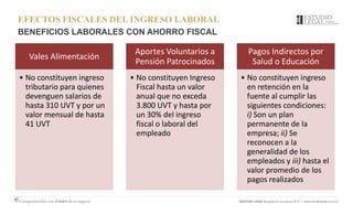EFECTOS FISCALES DEL INGRESO LABORAL
BENEFICIOS LABORALES CON AHORRO FISCAL
Vales Alimentación
• No constituyen ingreso
tributario para quienes
devenguen salarios de
hasta 310 UVT y por un
valor mensual de hasta
41 UVT
Aportes Voluntarios a
Pensión Patrocinados
• No constituyen Ingreso
Fiscal hasta un valor
anual que no exceda
3.800 UVT y hasta por
un 30% del ingreso
fiscal o laboral del
empleado
Pagos Indirectos por
Salud o Educación
• No constituyen ingreso
en retención en la
fuente al cumplir las
siguientes condiciones:
i) Son un plan
permanente de la
empresa; ii) Se
reconocen a la
generalidad de los
empleados y iii) hasta el
valor promedio de los
pagos realizados
 