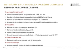 RETENCIÓN EN LA FUENTE EN INGRESOS LABORALES
RESUMEN PRINCIPALES CAMBIOS
1. Aportes a Pensión y AFC
 Limitación beneficio fiscal PV y cuentas AFC 3.800 UVT año
 Cambio en la denominación de este beneficio de INCR a Renta Exenta
 Periodo de consolidación de beneficio fiscal pasa de 5 a 10 años
 Adquisición de vivienda con recursos en cuentas AFC requiere escritura pública
2. Deducibles
 Eliminación exención por pagos por educación
 Concurrencia deducibles salud y vivienda
 Limitación a 16 UVT medicina pre-pagada
 Creación exención dependientes limitada a 10% de ingreso bruto hasta 32 UVT
3. Renta Exenta del 25%.
 Detracción de la renta exenta al final de la depuración
4. Base de retención
 Creación de tarifa mínima de retención para declarantes
 