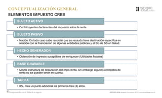 CONCEPTUALIZACIÓN GENERAL
ELEMENTOS IMPUESTO CREE
• Contribuyentes declarantes del impuesto sobre la renta
SUJETO ACTIVO
• Nación. En todo caso cabe recordar que su recaudo tiene destinación específica en
relación con la financiación de algunas entidades públicas y el SG de SS en Salud.
SUJETO PASIVO
• Obtención de ingresos suceptibles de enriquecer (Utilidades fiscales)
HECHO GENERADOR
• Misma estructura de depuración del impo-renta, sin embargo algunos conceptos de
renta no se pueden tener en cuenta.
BASE GRAVABLE
• 8%, mas un punto adicional los primeros tres (3) años.
TARIFA
 