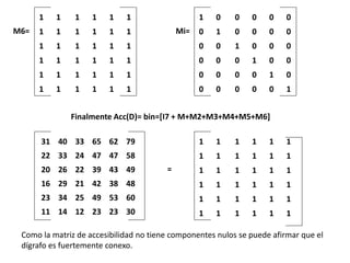1 1 1 1 1 1
1 1 1 1 1 1
1 1 1 1 1 1
1 1 1 1 1 1
1 1 1 1 1 1
1 1 1 1 1 1
M6=
1 0 0 0 0 0
0 1 0 0 0 0
0 0 1 0 0 0
0 0 0 1 0 0
0 0 0 0 1 0
0 0 0 0 0 1
Mi=
Finalmente Acc(D)= bin=[I7 + M+M2+M3+M4+M5+M6]
1 1 1 1 1 1
1 1 1 1 1 1
1 1 1 1 1 1
1 1 1 1 1 1
1 1 1 1 1 1
1 1 1 1 1 1
31 40 33 65 62 79
22 33 24 47 47 58
20 26 22 39 43 49
16 29 21 42 38 48
23 34 25 49 53 60
11 14 12 23 23 30
=
Como la matriz de accesibilidad no tiene componentes nulos se puede afirmar que el
dígrafo es fuertemente conexo.
 