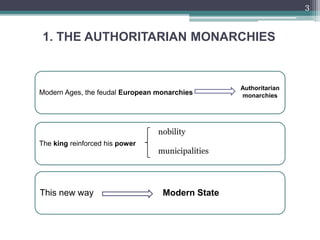 1. THE AUTHORITARIAN MONARCHIES
3
Modern Ages, the feudal European monarchies
The king reinforced his power
This new way Modern State
nobility
municipalities
Authoritarian
monarchies
 