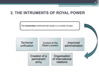 2. THE INTRUMENTS OF ROYAL POWER
4
The monarchies reinforced their power in a number of ways:
Territorial
unification
Control of the
State’s powers
Improved
administration
Creation of a
permanent
army
Organisation
of international
relations
 