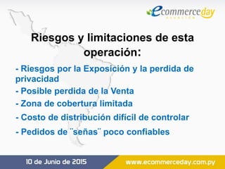 Riesgos y limitaciones de esta
operación:
- Riesgos por la Exposición y la perdida de
privacidad
- Posible perdida de la Venta
- Zona de cobertura limitada
- Costo de distribución difícil de controlar
- Pedidos de ¨señas¨ poco confiables