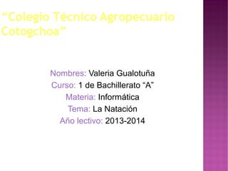 “Colegio Técnico Agropecuario
Cotogchoa”

Nombres: Valeria Gualotuña
Curso: 1 de Bachillerato “A”
Materia: Informática
Tema: La Natación
Año lectivo: 2013-2014

 