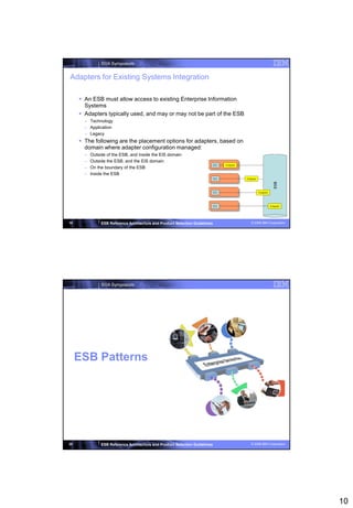 SOA Symposium


Adapters for Existing Systems Integration

      An ESB must allow access to existing Enterprise Information
       Systems
      Adapters typically used, and may or may not be part of the ESB
       – Technology
       – Application
       – Legacy
      The following are the placement options for adapters, based on
       domain where adapter configuration managed:
       –   Outside of the ESB, and inside the EIS domain
       –   Outside the ESB, and the EIS domain
       –   On the boundary of the ESB
       –   Inside the ESB




19              ESB Reference Architecture and Product Selection Guidelines   © 2008 IBM Corporation




                SOA Symposium




     ESB Patterns




20              ESB Reference Architecture and Product Selection Guidelines   © 2008 IBM Corporation




                                                                                                       10
 
