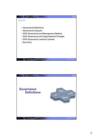 SOA Symposium


Agenda


      Governance Definitions
      Governance Lifecycle
      SOA Governance and Management Method
      SOA Governance and Organizational Changes
      SOA Governance Lessons Learned
      Summary




3         SOA Governance and Management Method     © 2008 IBM Corporation




          SOA Symposium




    Governance
       Definitions




4         SOA Governance and Management Method     © 2008 IBM Corporation




                                                                            2
 