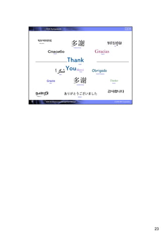 SOA Symposium




                                                                                                 Thai
                                        Traditional Chinese




                   Russian
                                                                     Gracias      Spanish




                                      Thank         English




                                      You      Merci
                                                      French
                                                                    Obrigado
                                                                      Brazilian Portuguese
                             Arabic




     Grazie                                                                                  Danke
         Italian                                                                              German
                                               Simplified Chinese




                                                  Japanese



45
45   SOA Governance and Management Method                                                         © 2008 IBM Corporation




                                                                                                                           23
 
