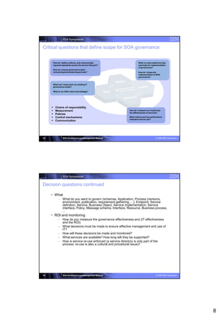 SOA Symposium


Critical questions that define scope for SOA governance


         How do I define, enforce, and communicate                     What run-time platforms help
         required standards across the service lifecycle?              automate the implementation
                                                                       of governance?
         How do I ensure governance when
         consuming and producing services?                             How do I phase the
                                                                       implementation of SOA
                                                                       governance?


         What can I reuse from my existing IT
         governance model?

         What is our SOA vision and strategy?




          Chains of responsibility
          Measurement                                         How do I measure our model and
                                                               the effectiveness of services?
          Policies
          Control mechanisms                                  What metrics and key performance
                                                               indicators will we use?
          Communication




15                 SOA Governance and Management Method                                 © 2008 IBM Corporation




                   SOA Symposium


Decision questions continued

      What
              – What do you want to govern (schemas, Application, Process (versions,
                environment, publication, requirement gathering, ...), Endpoint, Service
                definition, Service, Business Object, Service implementation, Service
                interface, Policy, Message schema, Interface, Resource, Business process,
                ...
      ROI and monitoring
              – How do you measure the governance effectiveness and (IT effectiveness
                and the ROI)
              – What decisions must be made to ensure effective management and use of
                IT?
              – How will these decisions be made and monitored?
              – What services are available? How long will they be supported?
              – How is service re-use enforced (a service directory is only part of the
                process, re-use is also a cultural and procedural issue)?




16                 SOA Governance and Management Method                                 © 2008 IBM Corporation




                                                                                                                 8
 