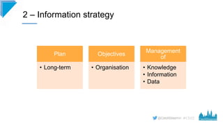#CD22
2 – Information strategy
Plan
• Long-term
Objectives
• Organisation
Management
of
• Knowledge
• Information
• Data
 