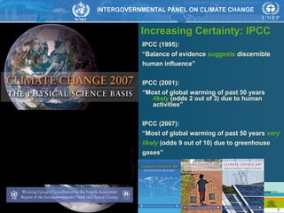 Increasing Certainty: IPCC IPCC (1995): “ Balance of evidence  suggests  discernible human influence” IPCC (2001): “ Most of global warming of past 50 years  likely  (odds 2 out of 3) due to human activities” IPCC (2007): “ Most of global warming of past 50 years  very likely   (odds 9 out of 10) due to greenhouse gases” •  Completed February 2007 •  152 Authors •  ~450 contributors •  ~600 expert reviewers •  30,000+ review comments •  ~5000 literature references •  ~1000 pages 