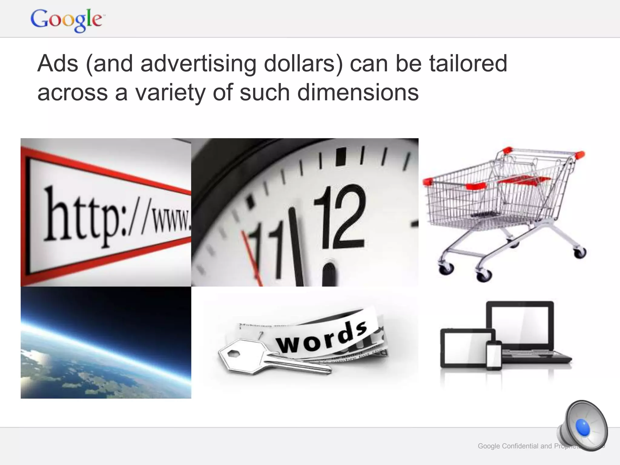 Google Confidential and Proprietary 19Google Confidential and Proprietary 19
Ads (and advertising dollars) can be tailored
across a variety of such dimensions
 