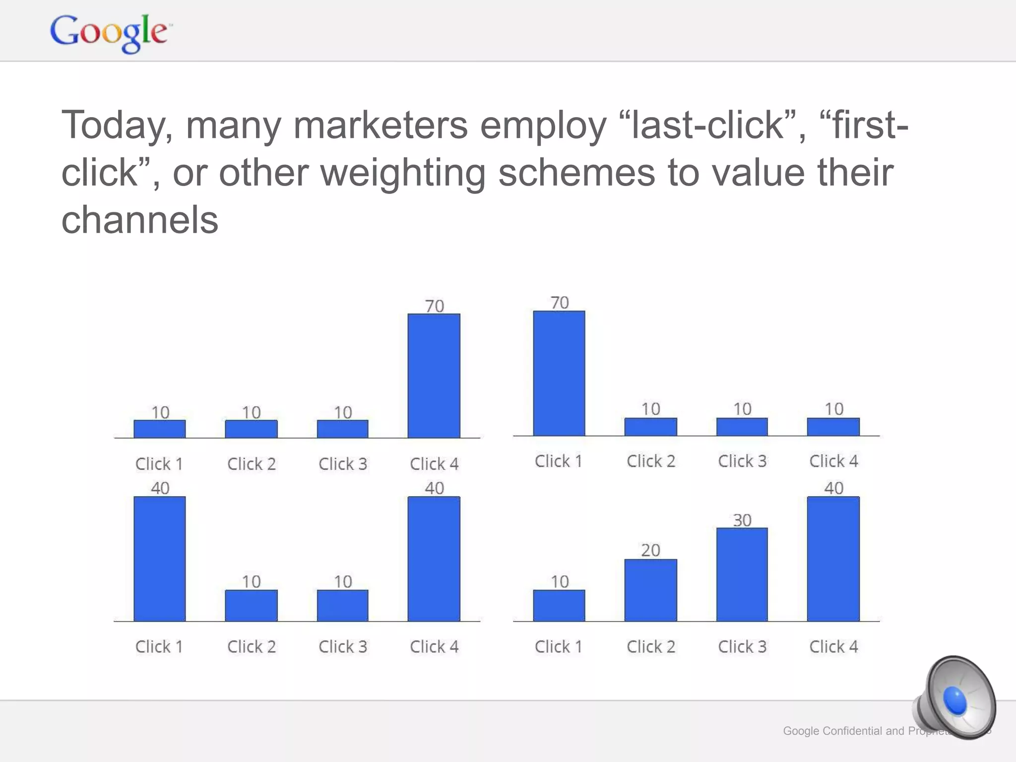 Google Confidential and Proprietary 23Google Confidential and Proprietary 23
Today, many marketers employ “last-click”, “first-
click”, or other weighting schemes to value their
channels
 
