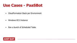 Use Cases - PaaSBot
• CloudFormation Stack per Environment
• Windows EC2 Instance
• Ran a bunch of Scheduled Tasks
 
