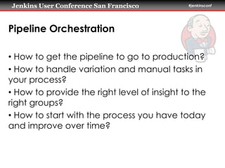 Jenkins User Conference San Francisco #jenkinsconf 
Pipeline Orchestration 
• How to get the pipeline to go to production? 
• How to handle variation and manual tasks in 
your process? 
• How to provide the right level of insight to the 
right groups? 
• How to start with the process you have today 
and improve over time? 
 
