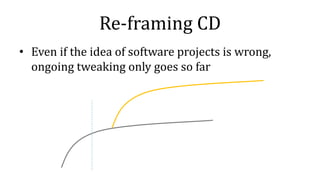 Re-framing CD
• Even if the idea of software projects is wrong,
ongoing tweaking only goes so far
 
