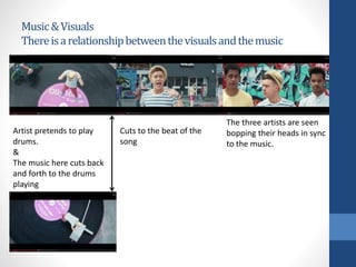 Music&Visuals
Thereisarelationshipbetweenthevisualsandthemusic
Artist pretends to play
drums.
&
The music here cuts back
a...