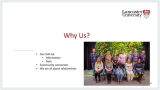 Why Us?
14
• Our skill set:
• Information
• Data
• Community connectors
• We are all about relationships
 