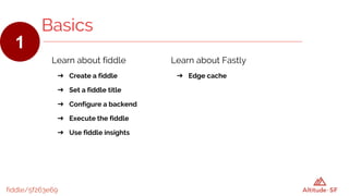 Learn about fiddle
➔ Create a fiddle
➔ Set a fiddle title
➔ Configure a backend
➔ Execute the fiddle
➔ Use fiddle insights
fiddle/5f263e69
Basics
1
Learn about Fastly
➔ Edge cache
 